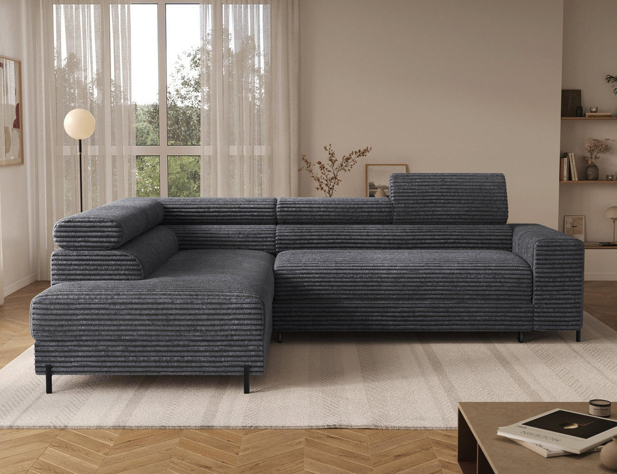 ECKSOFA COLESIO L-Form, Schlaffunktion, Bettkasten, verstellbare Kopfstützen, Wellenfederung, Metallfüße, breiter Cordstoff - Anthrazit/Schwarz, Kunststoff/Metall (269/204cm) - Wohnideebilder