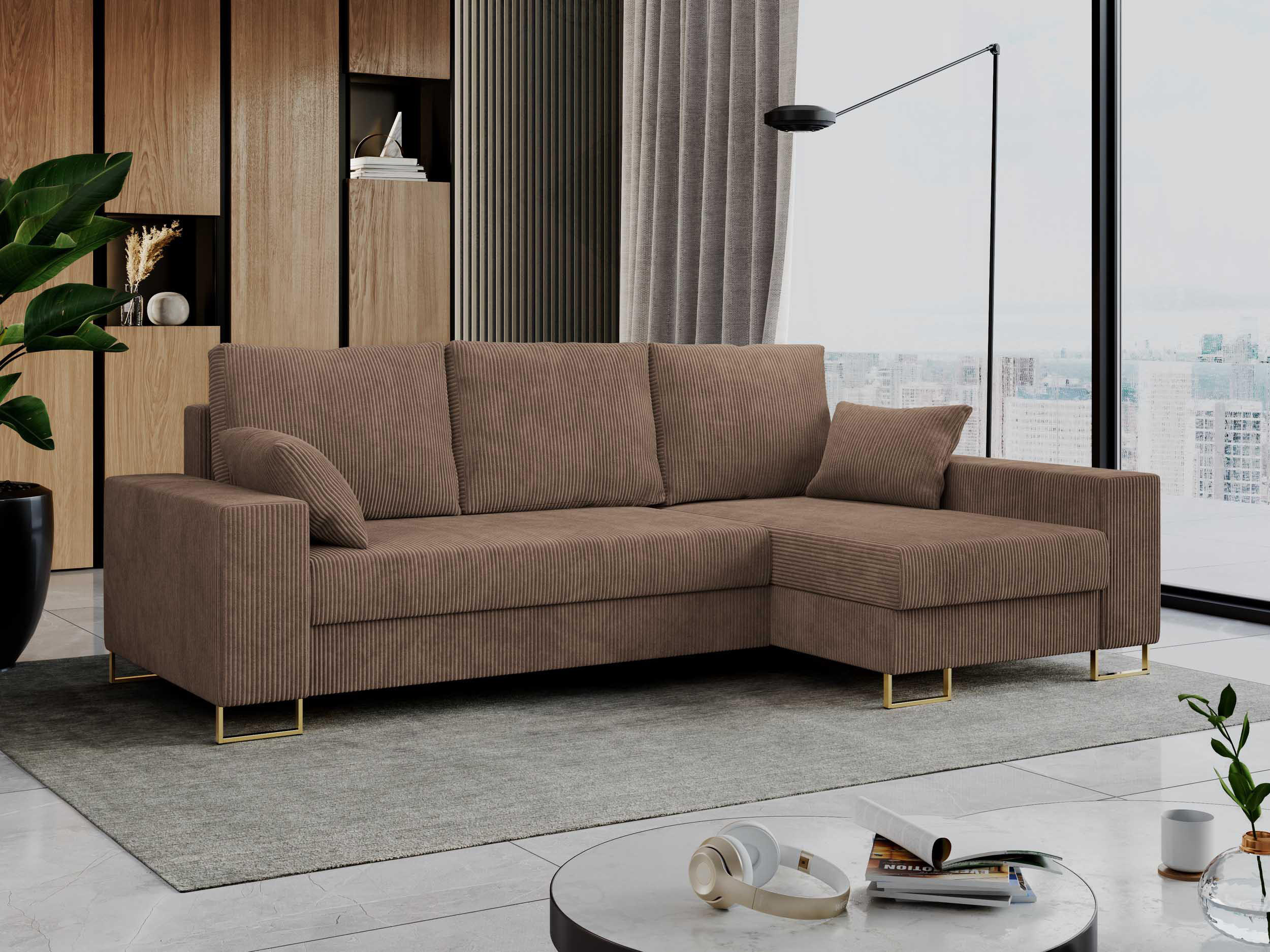 ECKSOFA Dorian Cord Hellbraun - Hellbraun/Goldfarben, Textil/Metall (242/138cm) - MKS