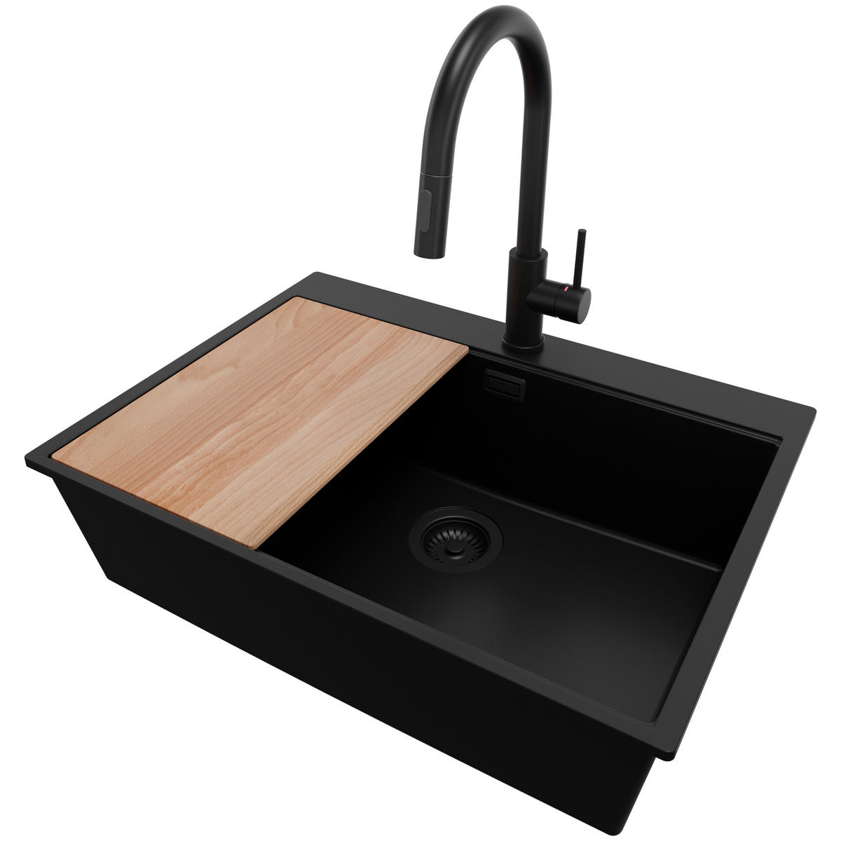 GRANITSPÜLE Oslo, 2-er set Alles Schwarz 68/50 cm 1 Becken + Küchenarmatur 40/20 cm + Ablauf-Set + Schneidebrett ab 70er Unterschrank - Beige/Schwarz, Kunststoff (68/20/50cm) - Primagran