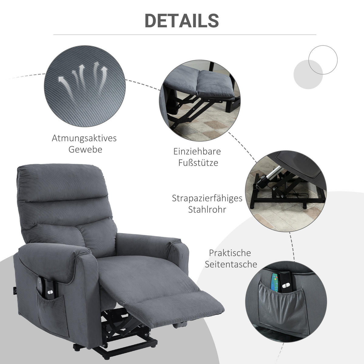 FERNSEHSESSEL Sessel mit Aufstehhilfe mit Massagefunktion Heizung Dunkelgrau - Dunkelgrau/Schwarz, Textil/Metall (97/103/79cm) - HOMCOM