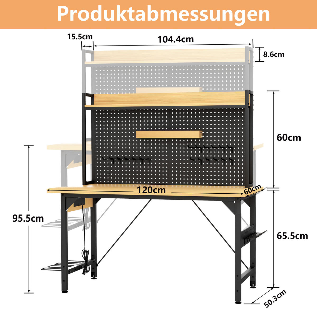 ARBEITSTISCH Naturfarben und Schwarz 120/60/155,5 cm mit Stromanschluss und Lochwand - Schwarz, Holzwerkstoff (60/120/155.5cm) - PANGIVO