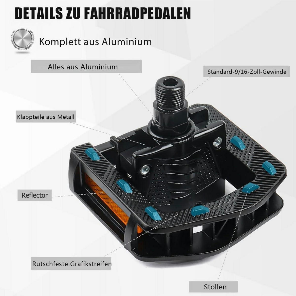 FAHRRADPEDALE faltbar Aluminium mit Reflektoren Schwarz - Schwarz, Metall (9/3/10.2cm)
