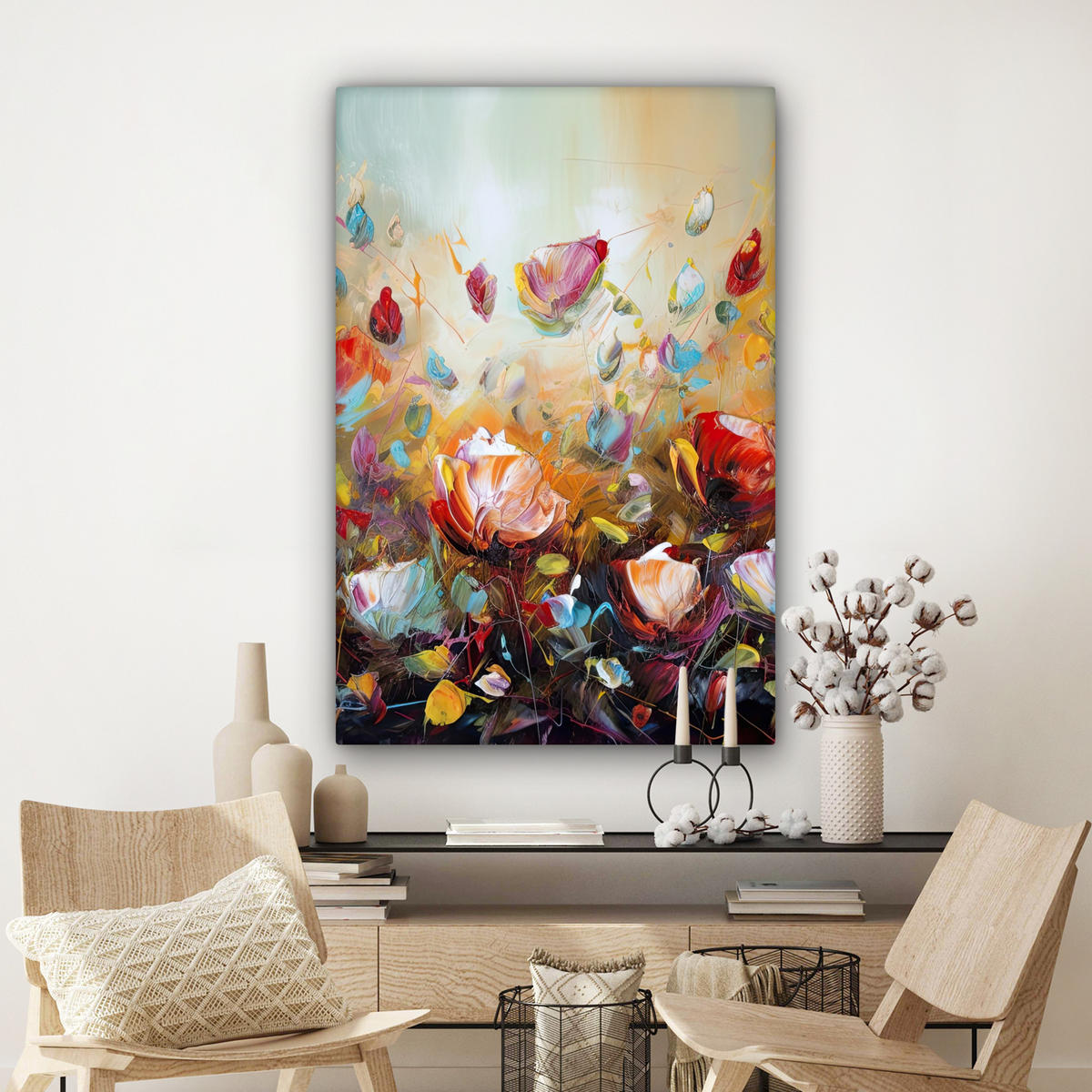 LEINWANDBILD Blumen - Kunst - Natur - Ölgemälde 80x120 cm - Multicolor, Textil (80/120cm) - MuchoWow