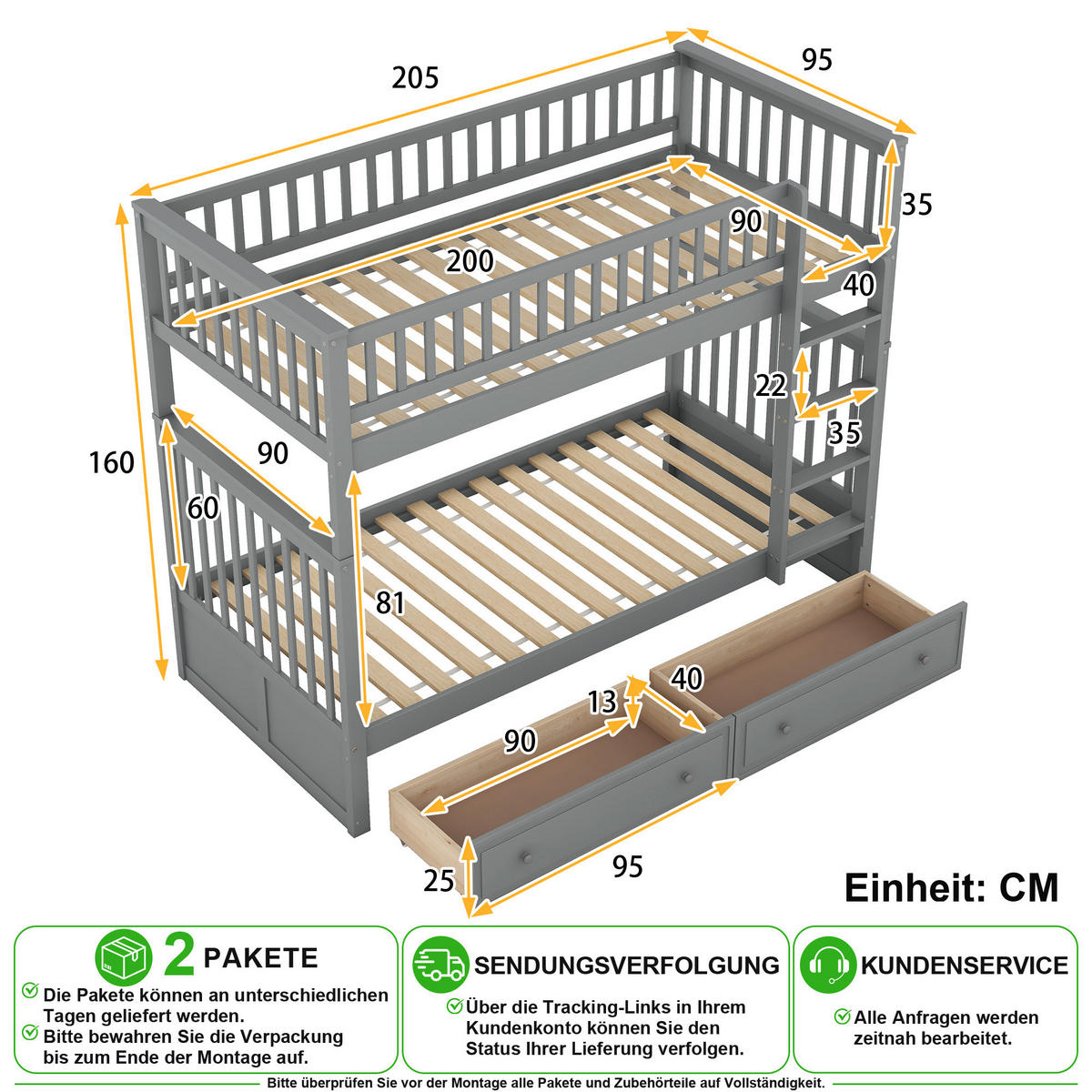 ETAGENBETT 90/200 cm & 90/200 cm in Grau mit 2 Schubladen - Grau, Holz/Holzwerkstoff (90/200cm) - CHICFURN