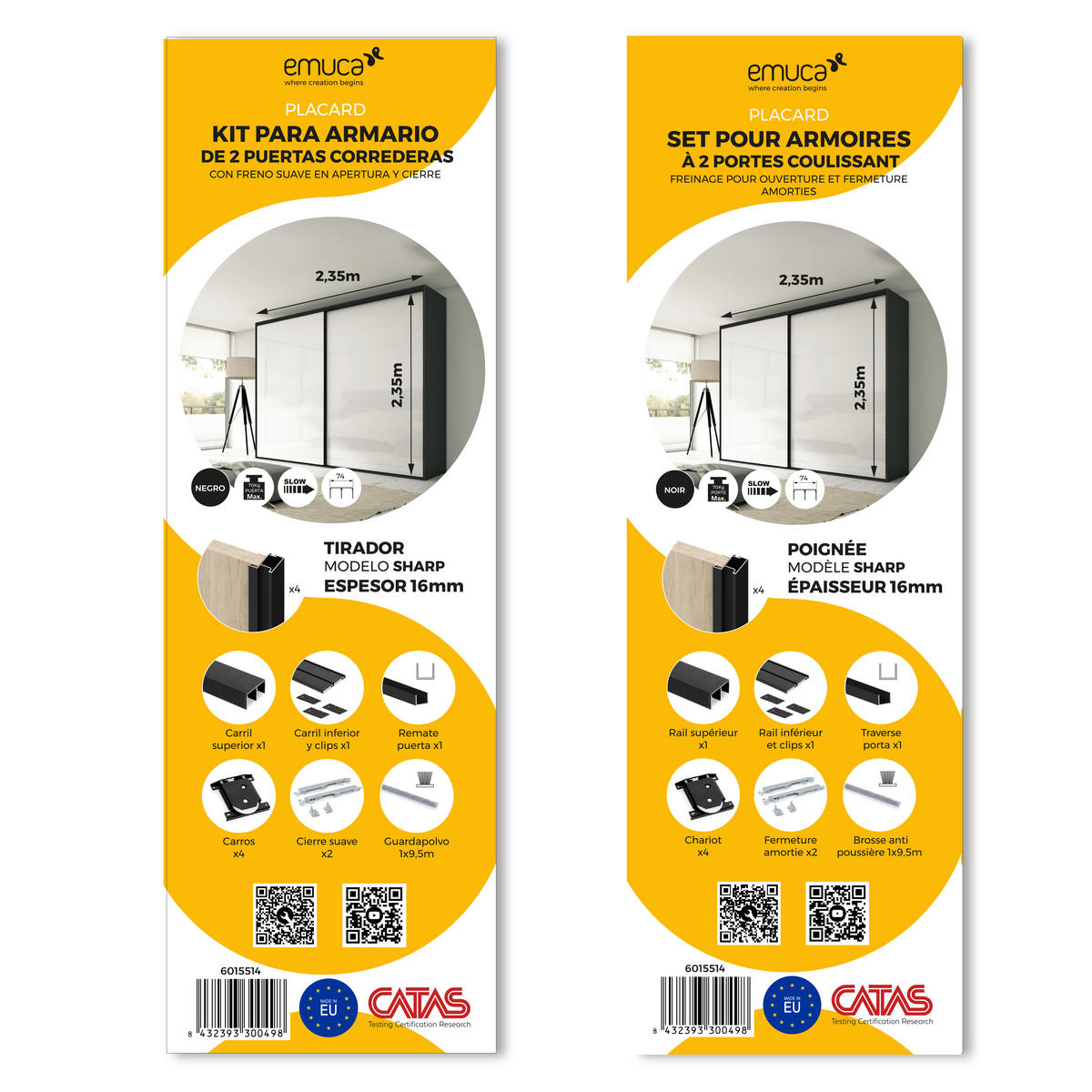 HARDWARE SET für Placard 74 2-Schiebe-Kleiderschrank mit sanftem Schliessen, Profil Sharp, Stärke 16mm, ohne Paneele, Schwarz lackiert - Schwarz, Metall (3.4/8/235cm) - EMUCA