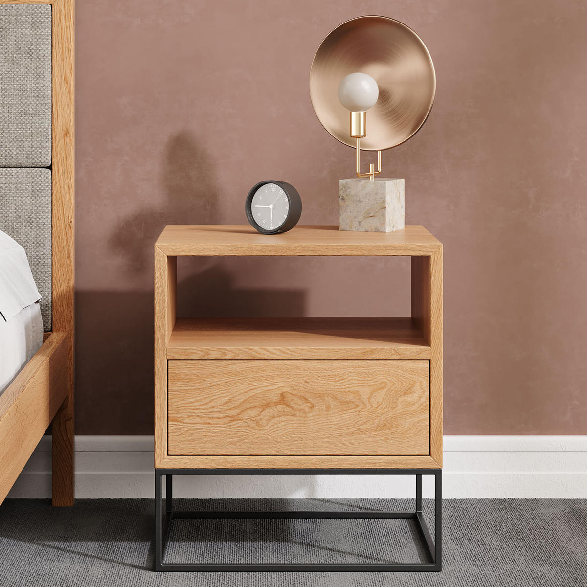 NACHTTISCH Moon aus massivem Eichenholz - Eichefarben/Schwarz, Holz/Metall (50/57/40cm) - Danzz