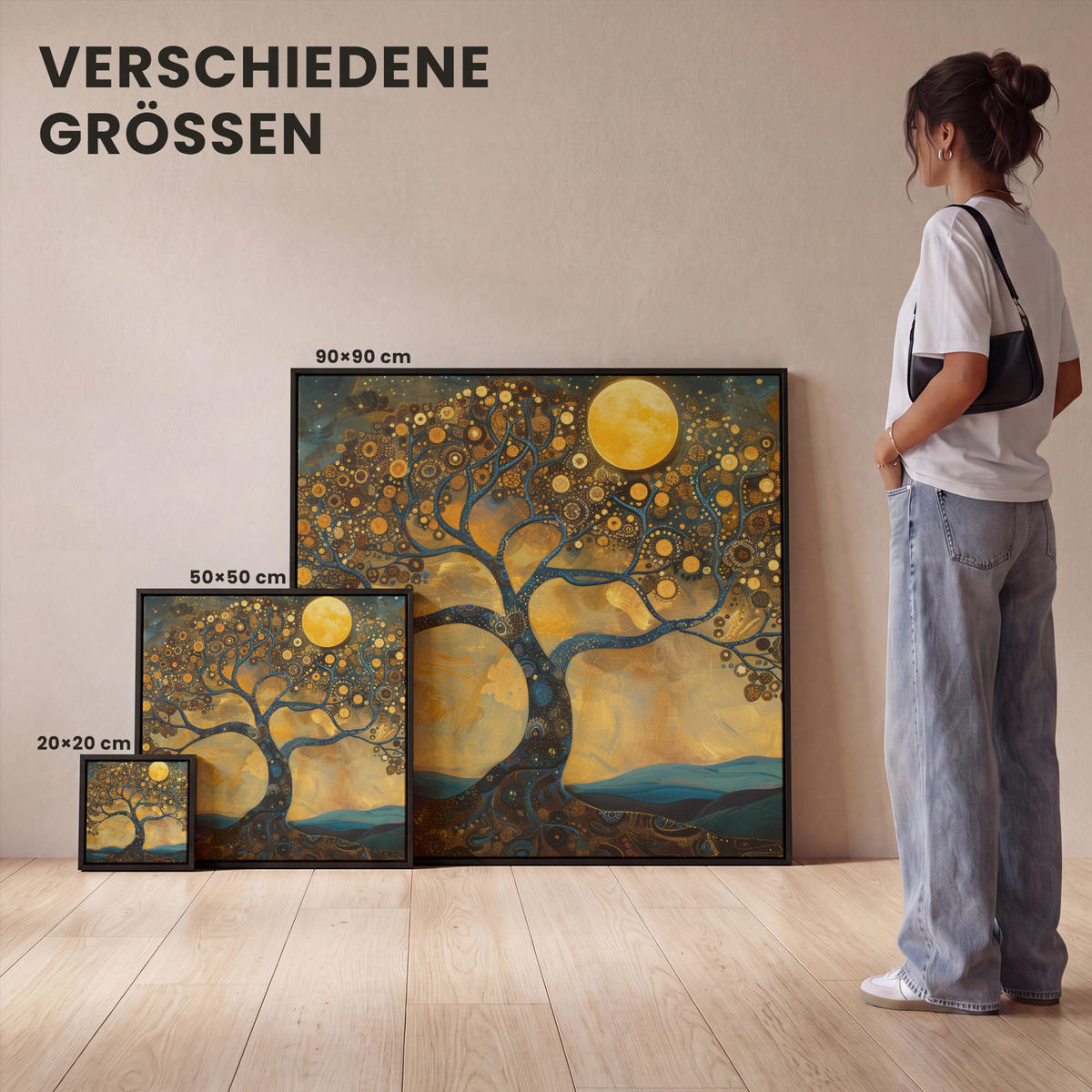 LEINWAND Bilder mit Rahmen - Baum - Mond - Blumen - Gold - Kunst - 20x20 - Orange, Textil (20/20cm) - MuchoWow