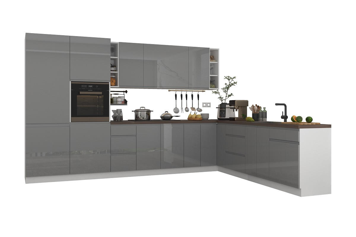 ECKKÜCHE 350 x 260 cm – Aspen KA4-M360 - in Grau/Hochglanz - Grau, Holz (610/212/58cm)
