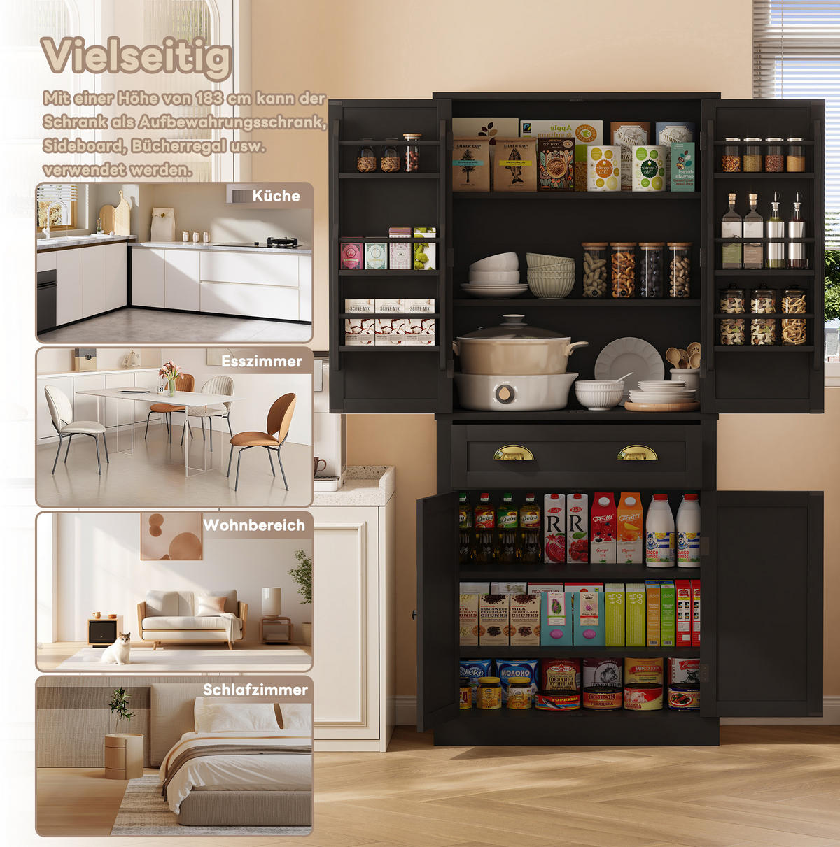 SIDEBOARD80/40/182 cm schwarz aus MDF mit viel Stauraum - Schwarz, Holzwerkstoff (80/182/40cm) - OKWISH