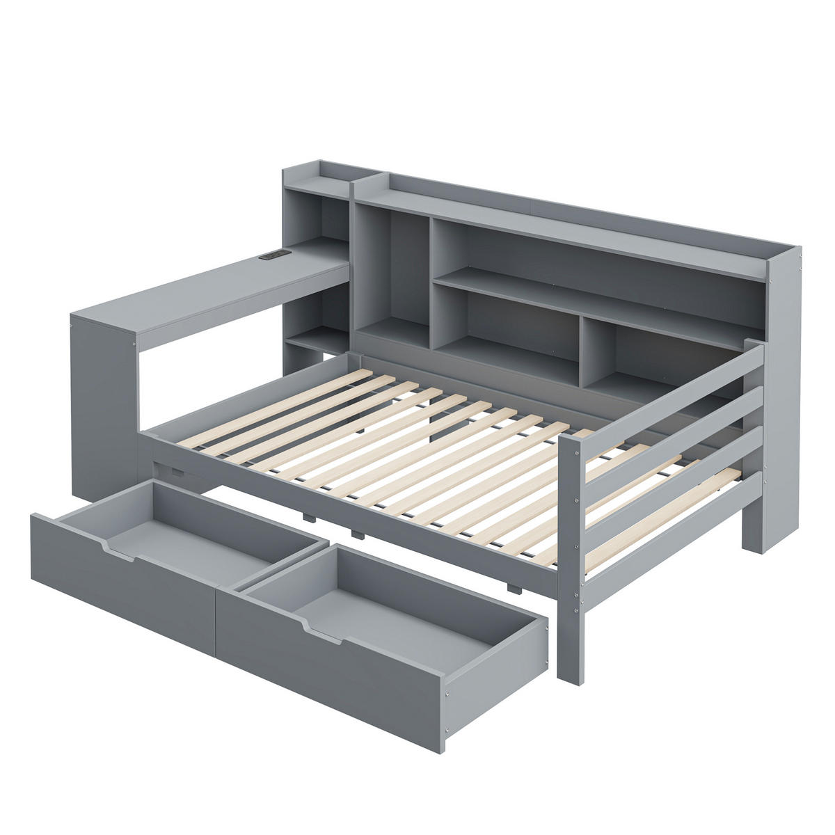 BETT 90/200 cm aus Holz in Grau mit Schreibtisch, Regalen und Steckdose - Grau, Holz (90/200cm) - Flora Grace