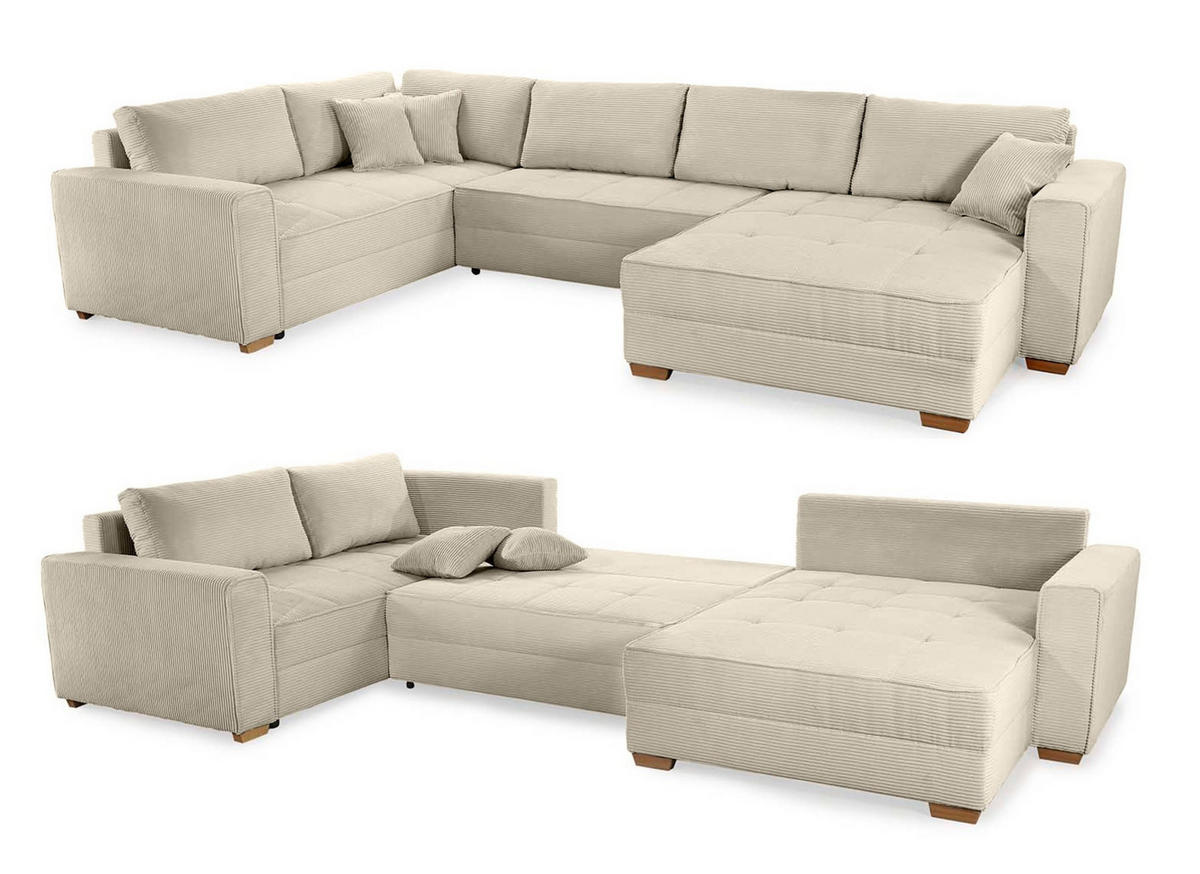 WOHNLANDSCHAFT Schlaffunktion Bettkasten Wellenunterfederung, spiegelverkehrt montierbar U-Form B379/T227/H86 cm, Cord Beige Grau / 15200 - Greige/Eichefarben, Holz/Textil (379/86/227cm) - luma-home