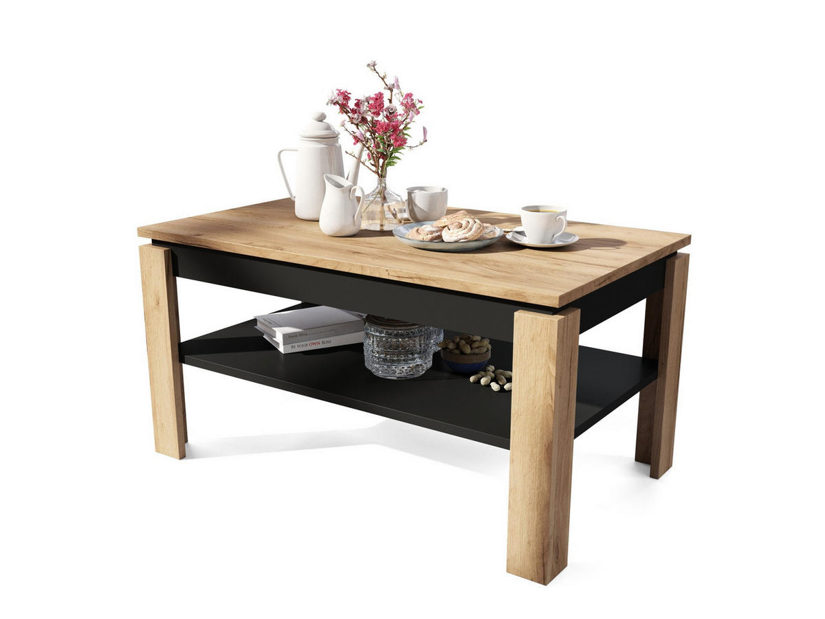 COUCHTISCH rechteckig Eiche Gold Schwarz höhenverstellbar 100/60/55 cm - Eichefarben/Schwarz, Holzwerkstoff (60/100/55cm) - designimpex