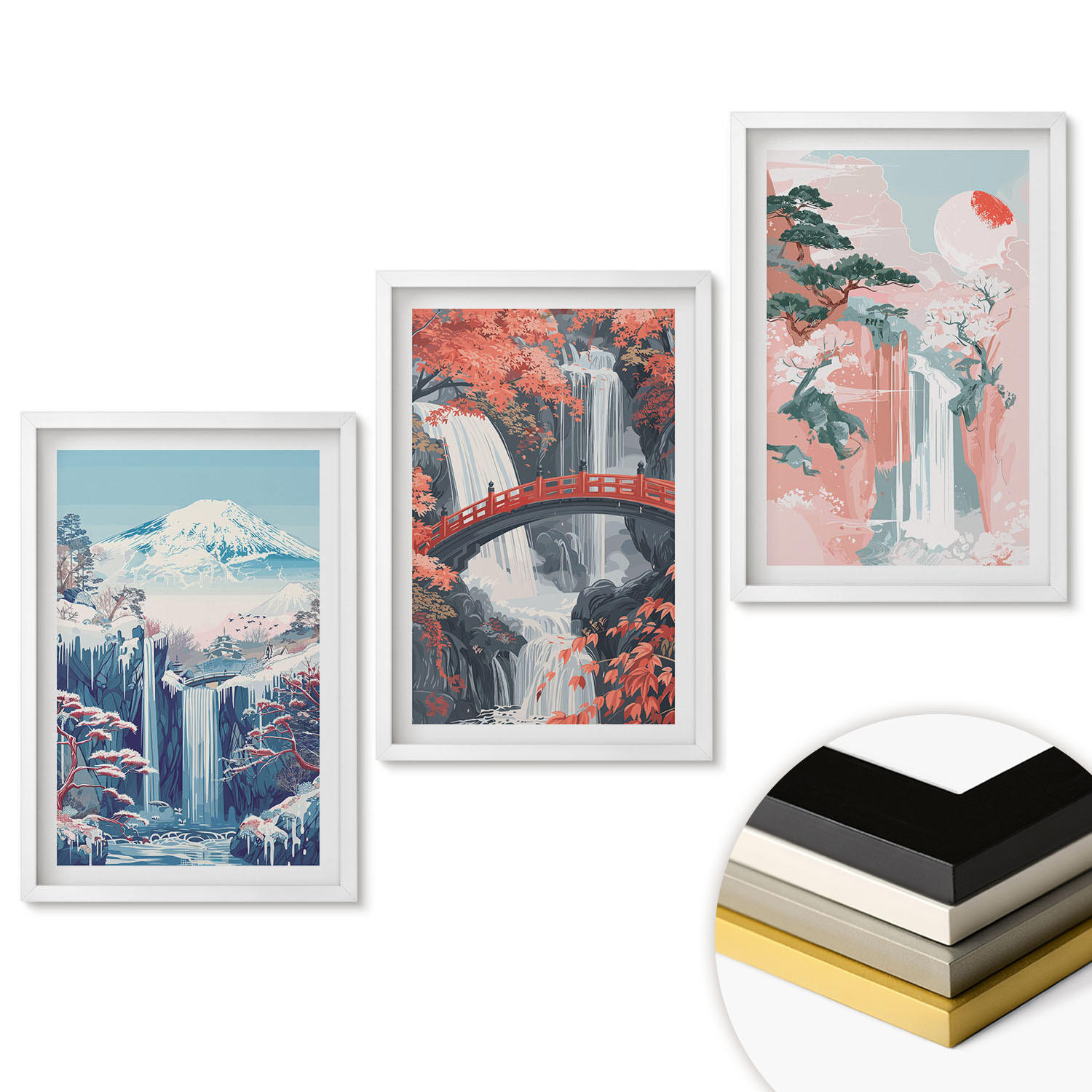 WANDBILDER 3er-Set - 40x60 cm Weißer Rahmen - Wasserfälle, Berge, Brücken, Bäume - Weiß, Kunststoff (40/60cm) - ArtPrintCave
