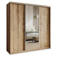 SCHWEBETÜRENSCHRANK VARO 180/205/60 cm 3-türig mit Spiegel und Schubladen Eiche Wotan - Eiche Wotan/Nickelfarben, Holzwerkstoff (180/205/60cm) - MASSENO