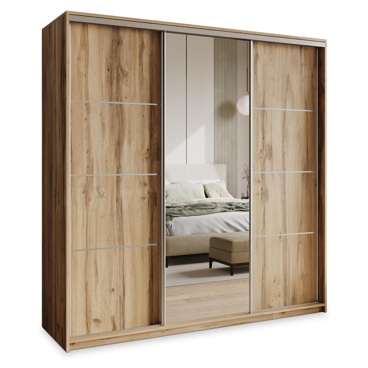 SCHWEBETÜRENSCHRANK VARO 180/205/60 cm 3-türig mit Spiegel und Schubladen Eiche Wotan - Eiche Wotan/Nickelfarben, Holzwerkstoff (180/205/60cm) - MASSENO