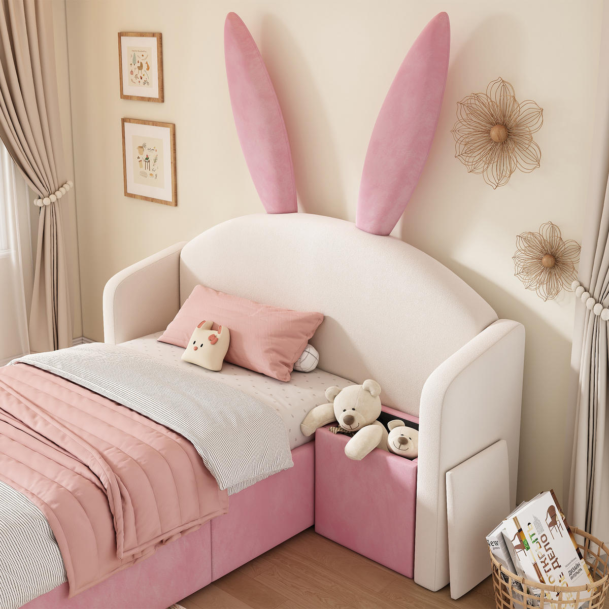 JUGENDBETT 90/200 cm in Beige & Rosa mit Stauraum und Nachttisch Samt Hasenohren-Design - Beige/Rosa, Holzwerkstoff/Textil (90/190cm) - STILVORA