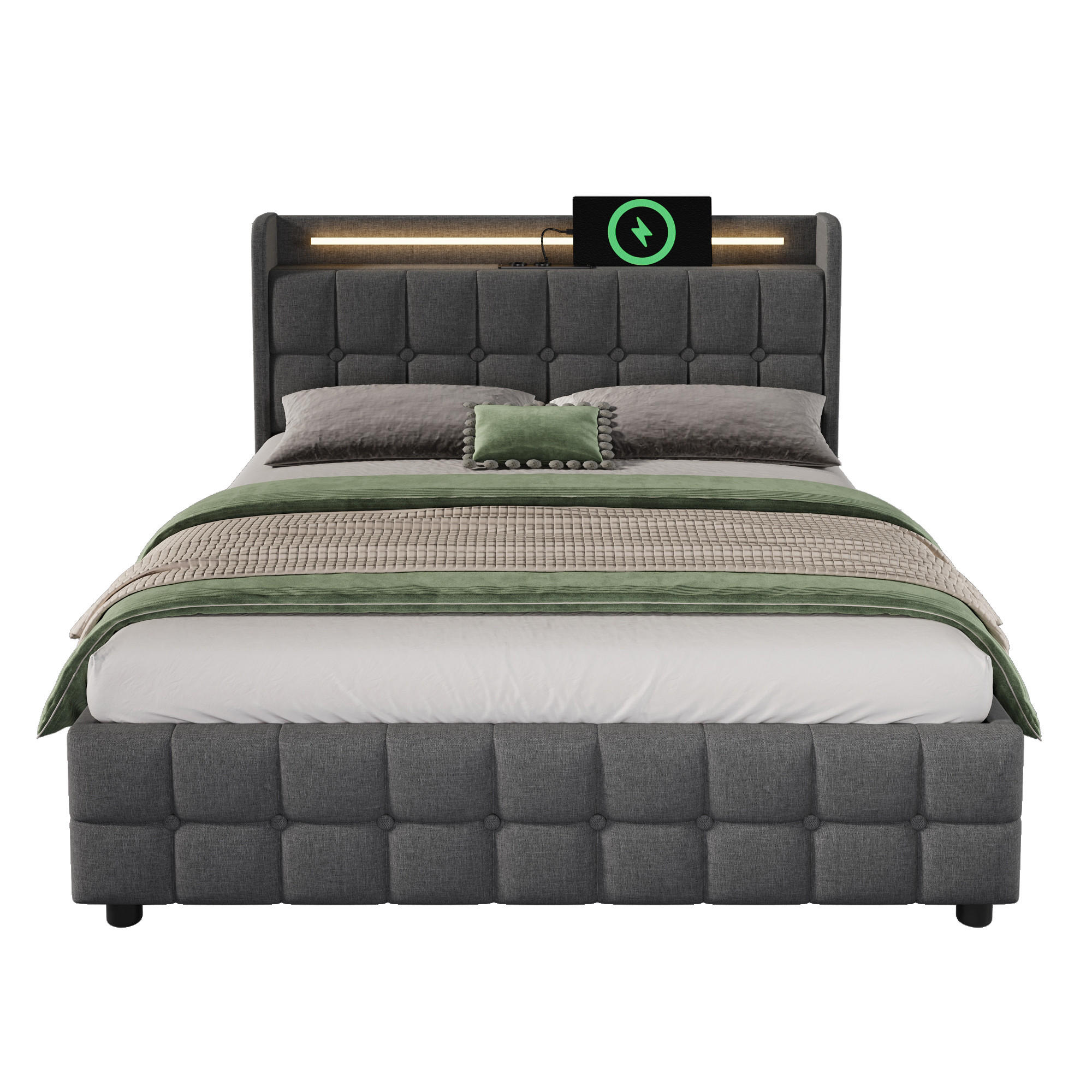 POLSTERBETT 140/200 mit Bettkasten, LED und USB-Anschlüssen in Grau - Grau, Holzwerkstoff/Textil (140/200cm) - EVRYAE
