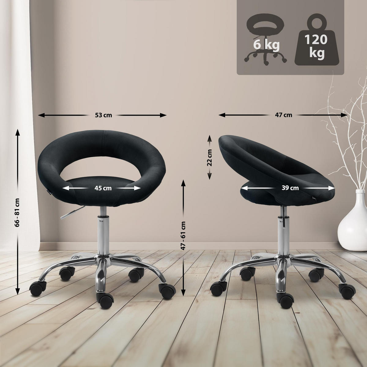 HOCKER Samt schwarz - Schwarz, Textil/Metall (53/66/47cm) - CLP