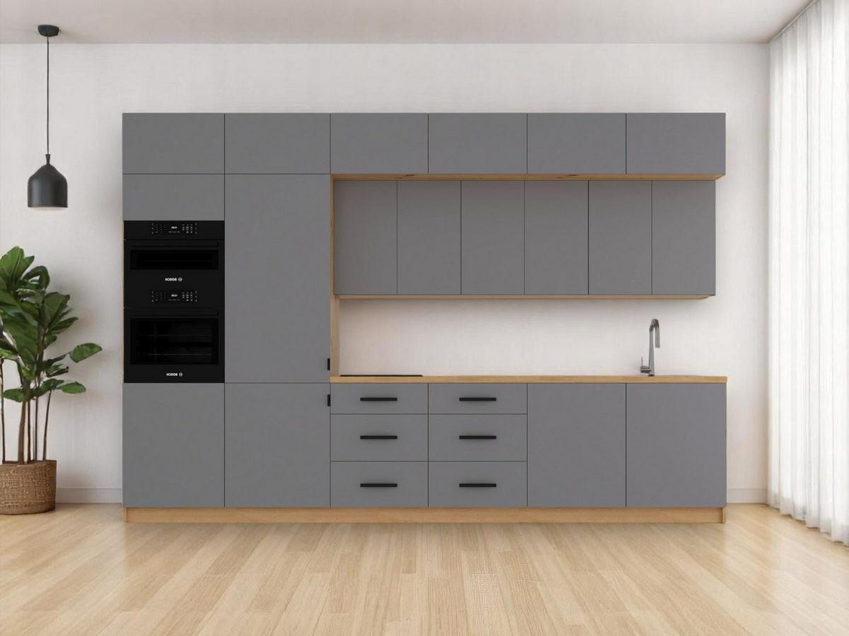 KÜCHENZEILE 360 cm - Langen K72-M360 in Beige/Matt - Beige/Schwarz, Holz/Metall (360/248/58cm)