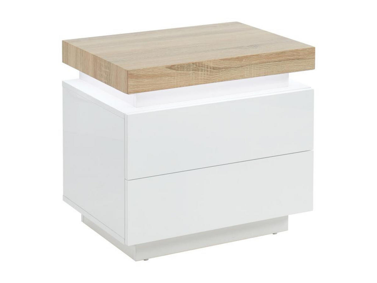 NACHTTISCH mit 2 Schubladen & LEDs - MDF lackiert - Weiß & Eichefarben - HALO II - Naturfarben, Holz (40/50/55cm) - Vente-Unique