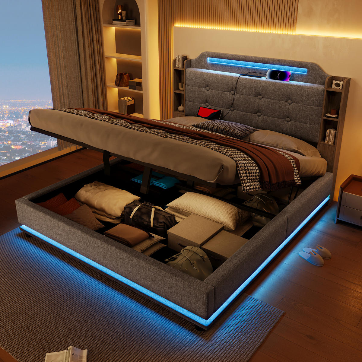 POLSTERBETT 140/200 cm grau mit LED-Beleuchtung und hydraulischem Stauraum - Grau, Textil (140/200cm) - OKWISH