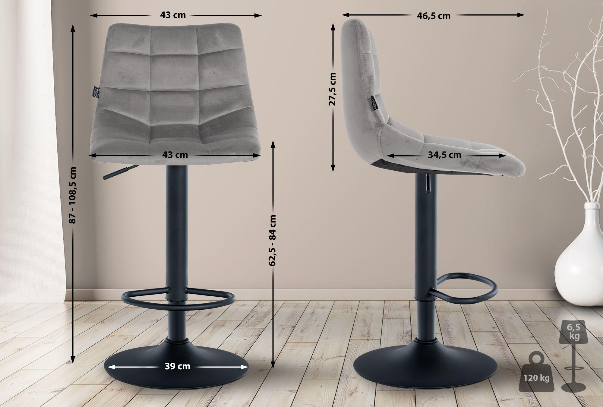 BARHOCKER 2er-Set DUBAI Grau Samt Schwarz - Grau, Textil/Metall (43/87/46.5cm) - DELUKE