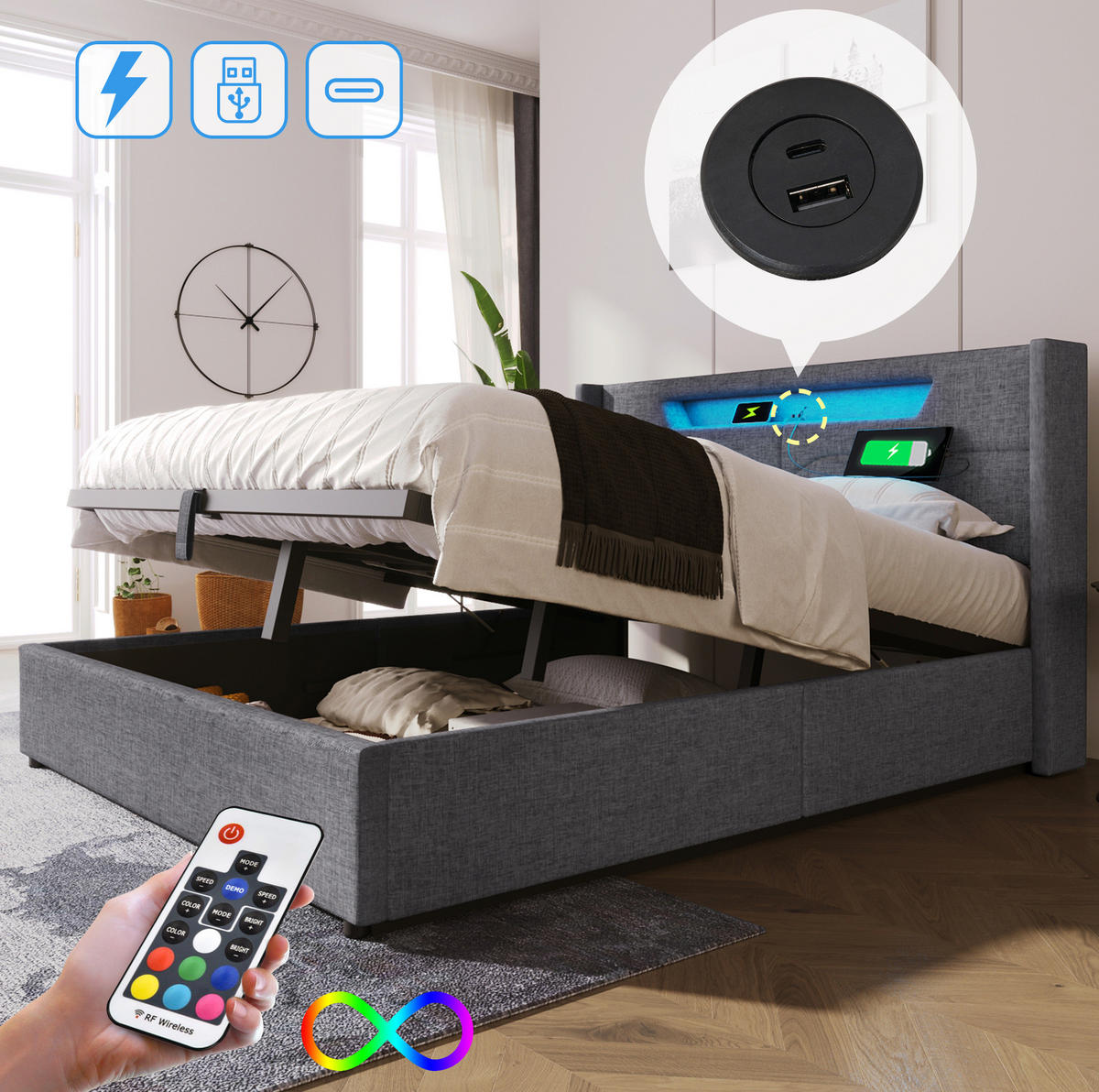 POLSTERBETT 160/200 cm mit LED-Beleuchtung, USB- und Type-C-Anschluss sowie Bettkasten, Grau - Grau, Textil (160/200cm) - Redom