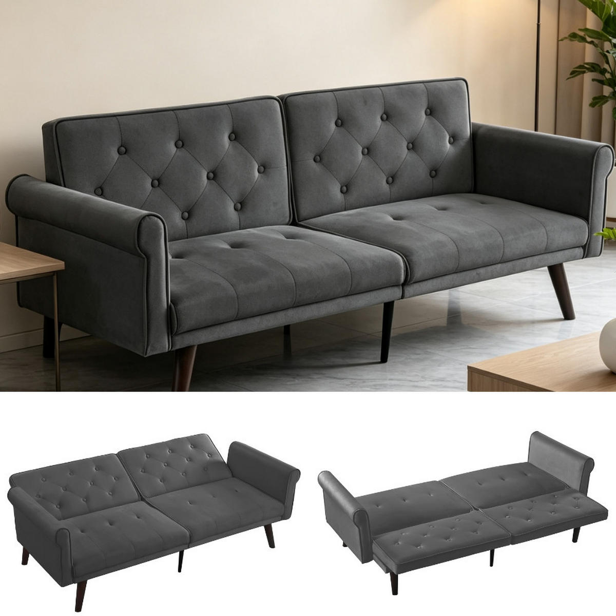 SCHLAFSOFA 150/89/70 cm in Grau Samt mit Verstellbarer Rückenlehne - Grau, Textil (172/70/89cm) - Oxeza
