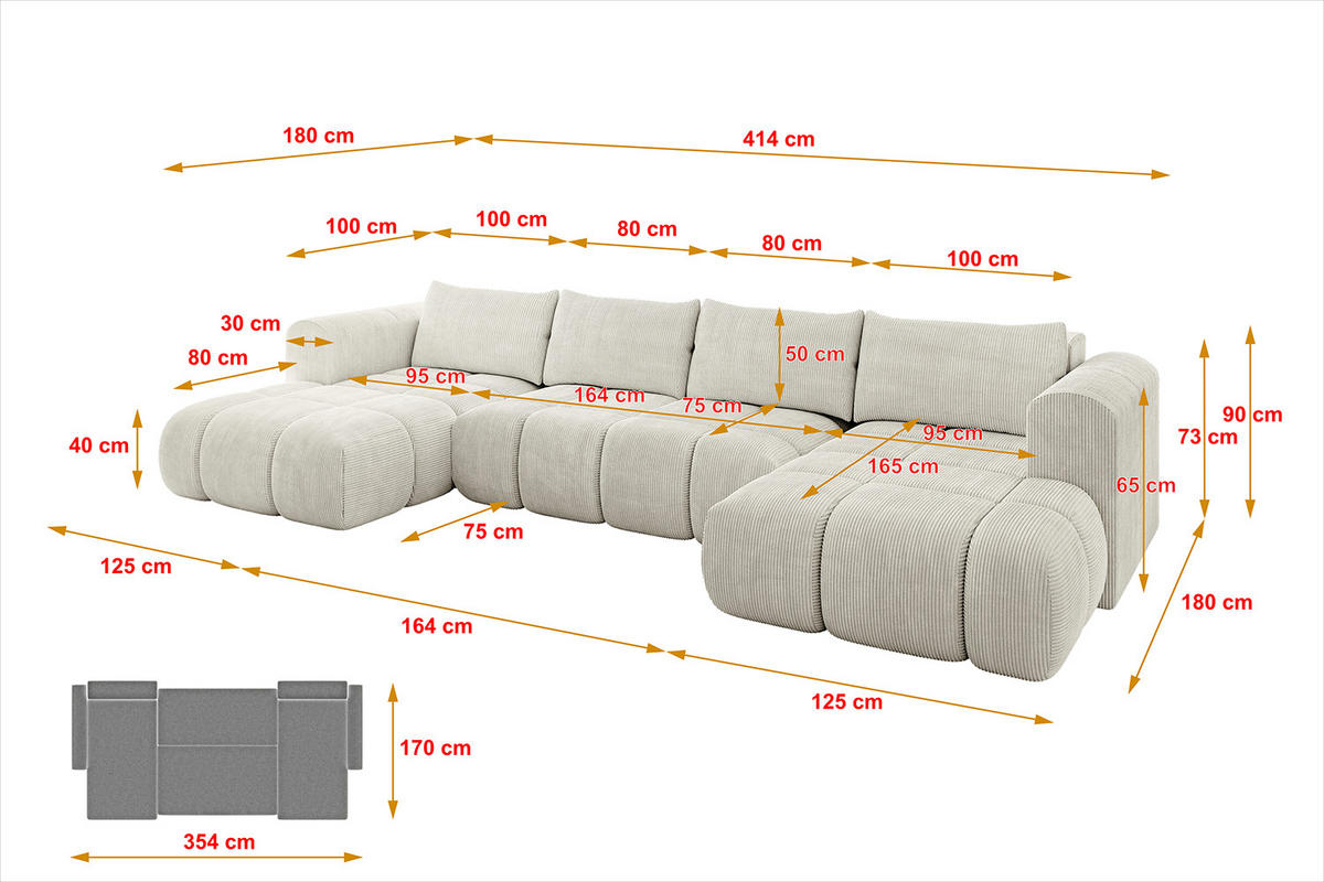 WOHNLANDSCHAFT Ottomane Links CLOUD-U 414x180x40 Hellgrau Cord - Hellgrau, Holzwerkstoff/Kunststoff (414/90/180cm) - ALTDECOR