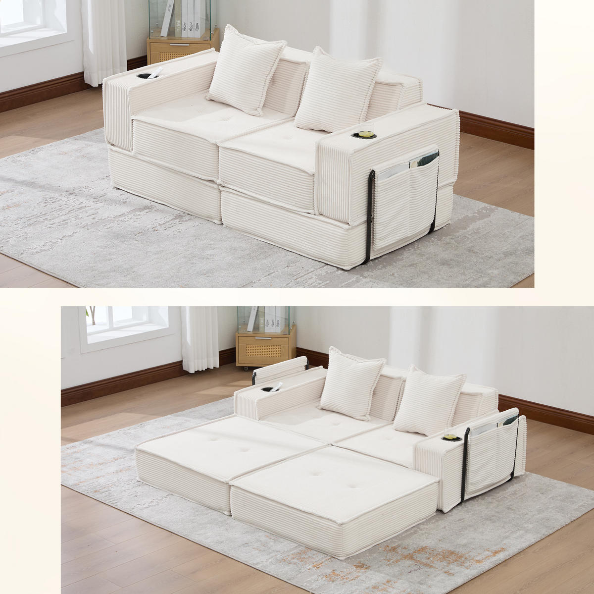 2-SITZER-SOFA 162/78/66 cm mit Seitentaschen, 2 Kissen und modularem Design aus Cord, Beige - Beige, Textil (162/66/78cm) - Redom