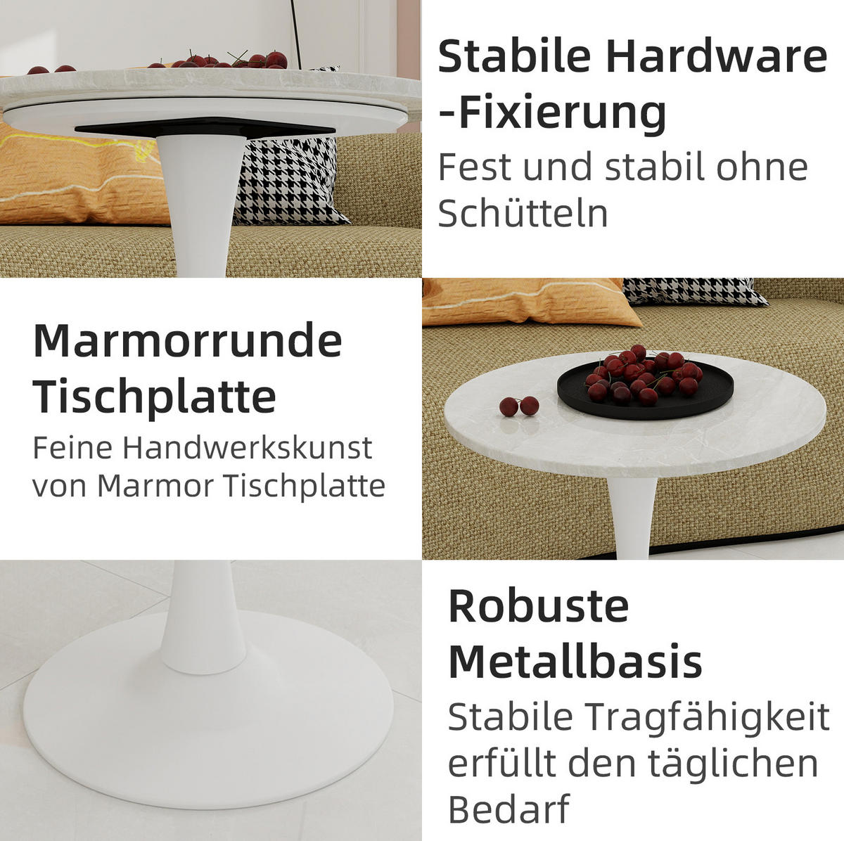 COUCHTISCH 70,1 cm, vielseitig einsetzbar mit runder Tischplatte in Marmoroptik, Weiß - Weiß, Stein (70/70/72cm) - Modfu