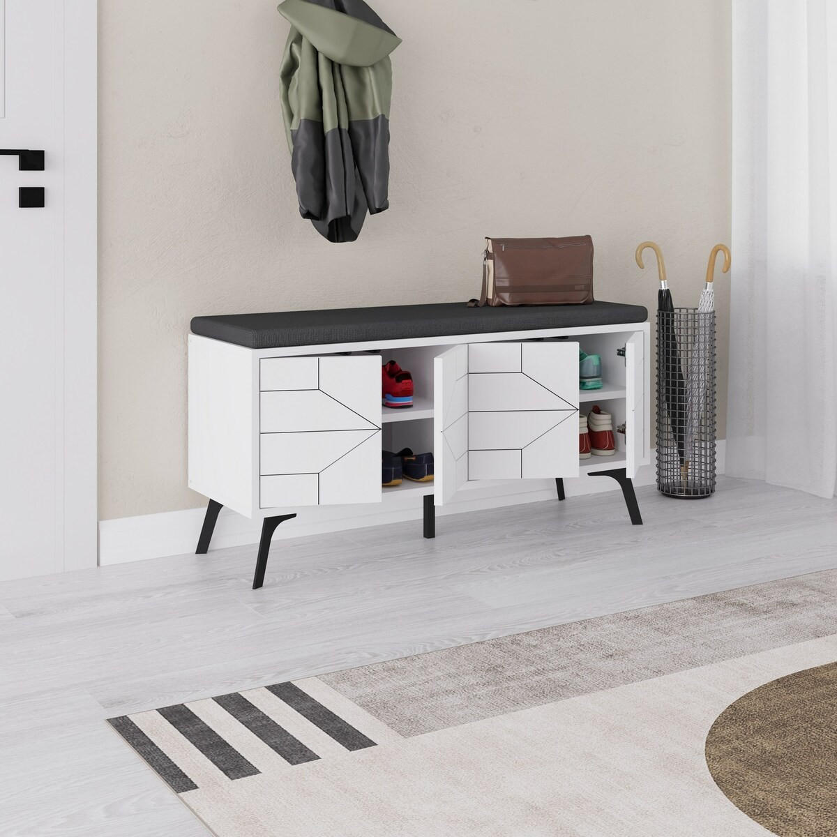 SCHUHSCHRANK 4 Türen - Dune bench - 107/35/55 cm - Weiß, Holzwerkstoff (35/55/120.6cm) - Calicosy