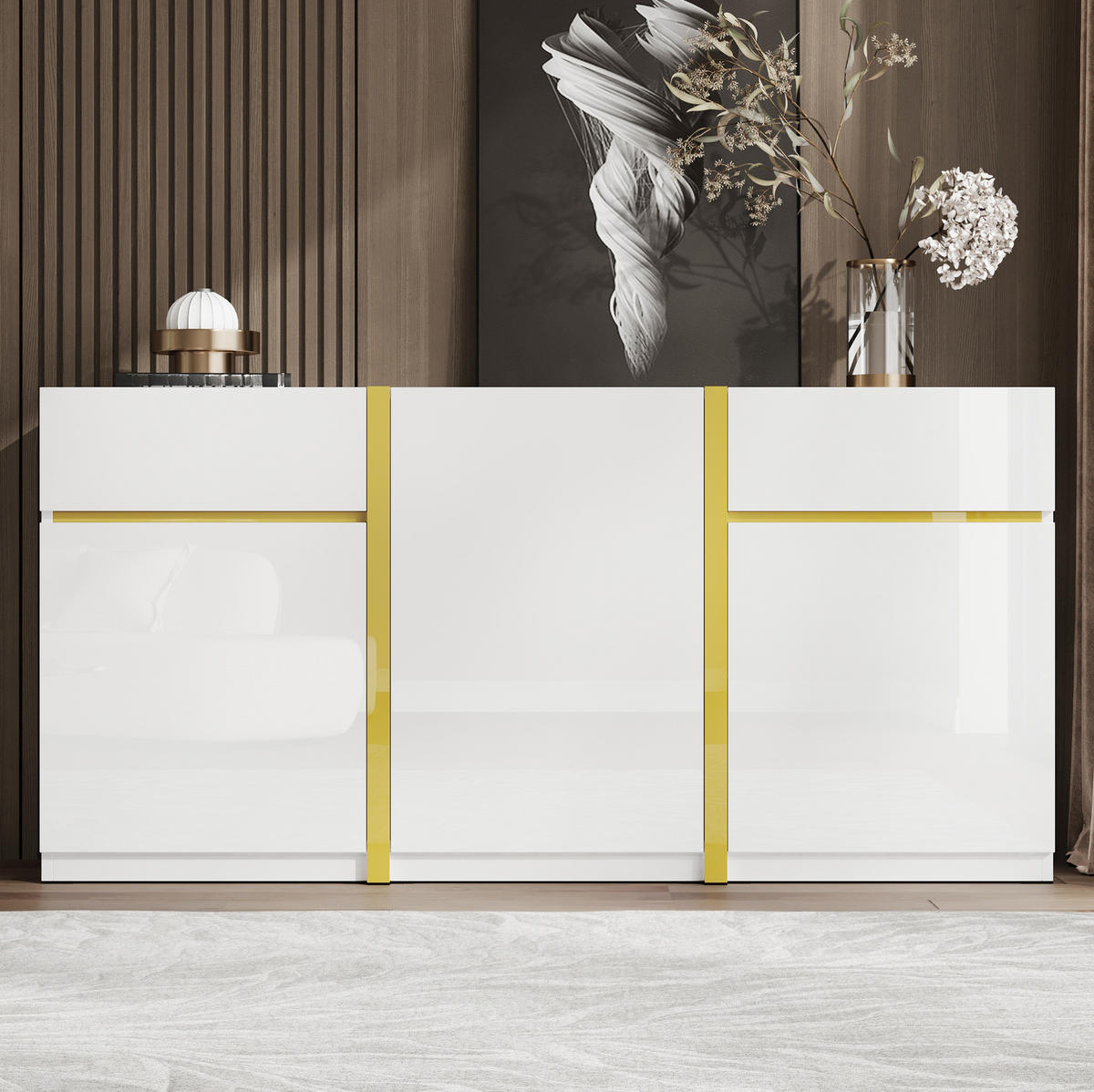 SIDEBOARD 160/40/78 cm in Weiß Hochglanz mit 3 Türen und 2 Schubladen - Weiß, Holzwerkstoff (160/78/40cm) - Flora Grace
