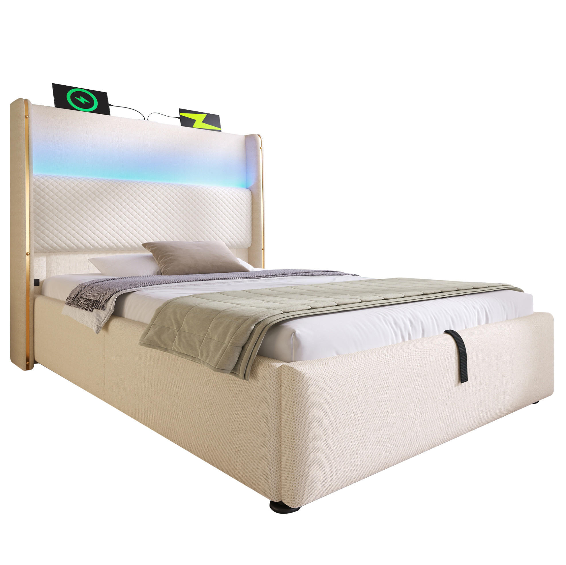 POLSTERBETT 90/200 cm Beige aus Leinen mit LED und Stauraum - Beige, Textil (90/200cm) - OKWISH
