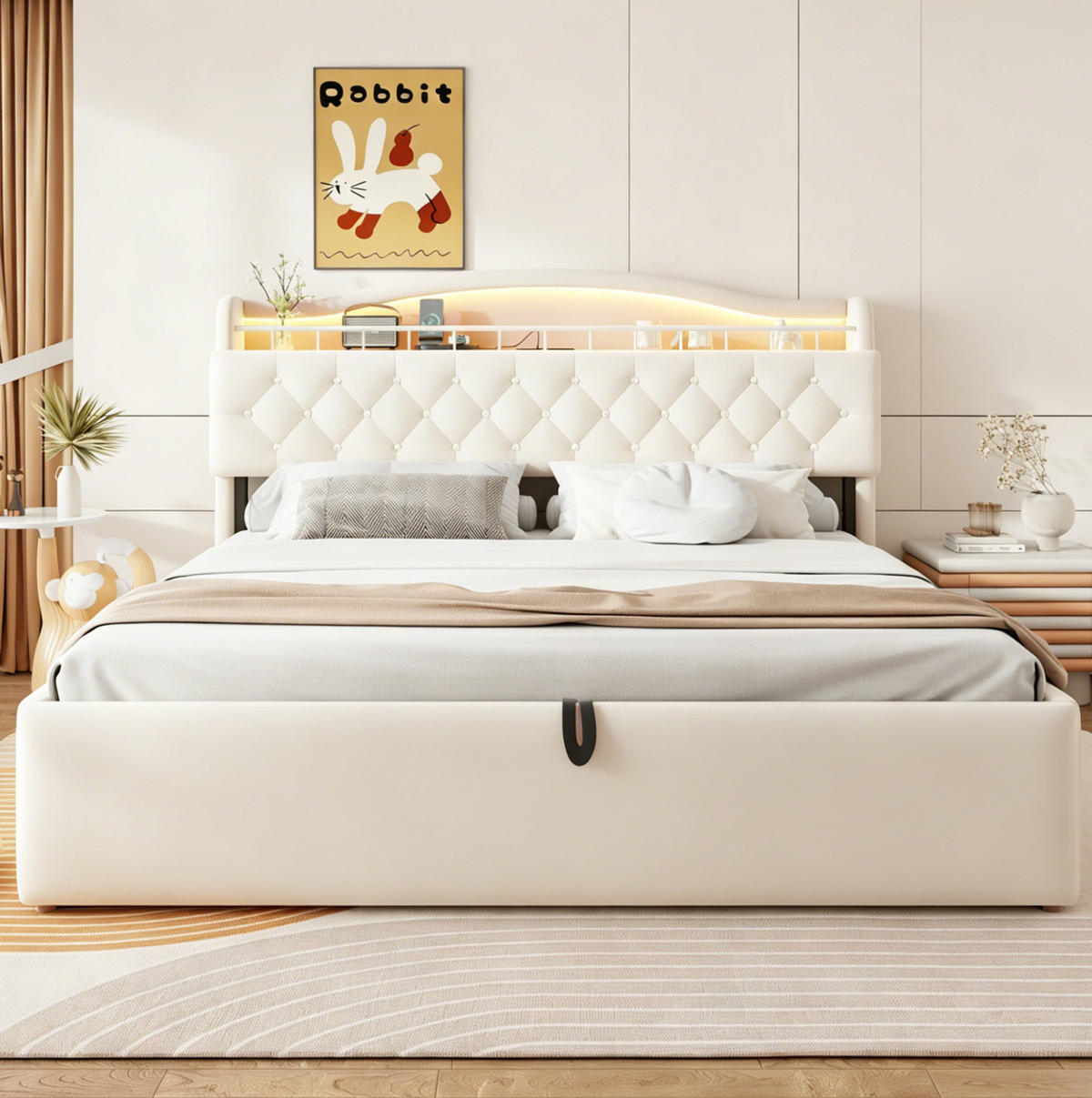 POLSTERBETT 180x200 cm in Beige mit LED-Kopfteil, USB-/USB-C-Anschlüssen und Bettkasten - Beige, Textil (180/200cm) - IVMEU