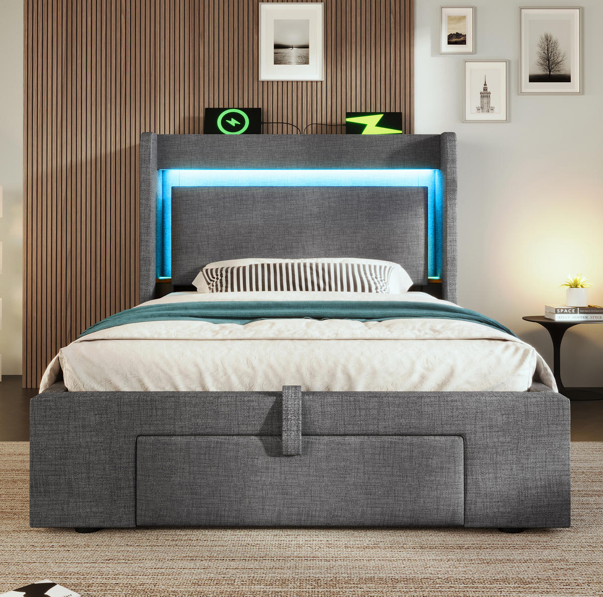 POLSTERBETT 90/200 cm Grau mit Stauraum, LED-Beleuchtung und USB- und Type-C-Anschlüssen - Grau, Textil (90/200cm) - Flora Grace