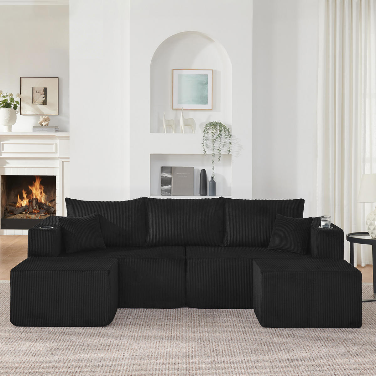 WOHNLANDSCHAFT DE-34629 modular mit 2 Ottomanen Schwarz - Schwarz, Textil (138/75/230cm) - ComfortXL