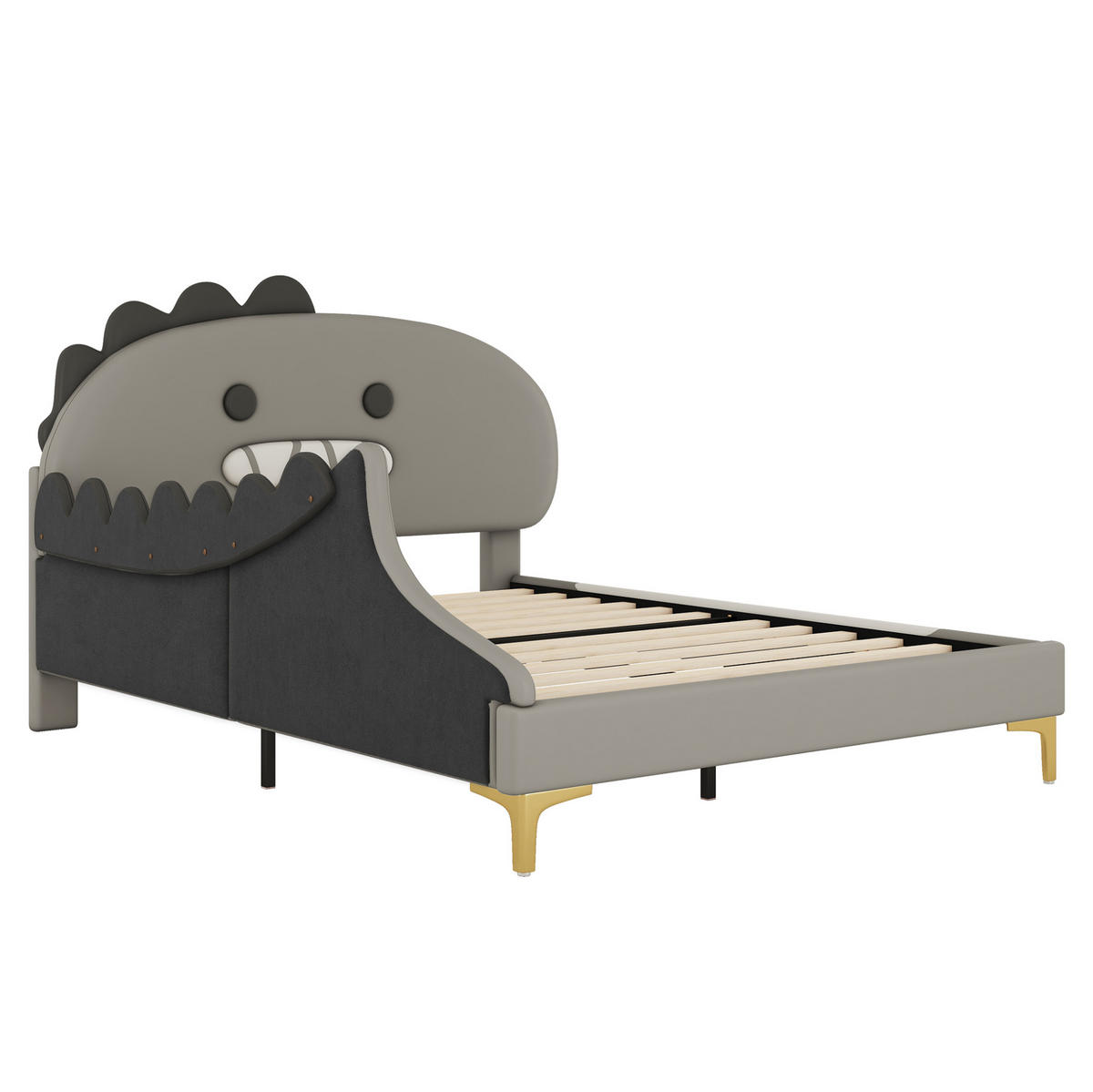 KINDERBETT 140/200 cm Grau aus PU mit Dinosaurier-Kopfteil - Grau, Kunststoff (140/200cm) - OKMYHOME