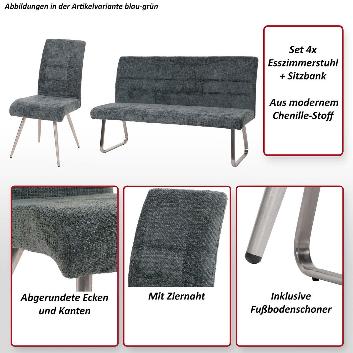 ESSZIMMER-SET Grau 5er-Set - Grau, Textil (180/99/65cm) - MCW