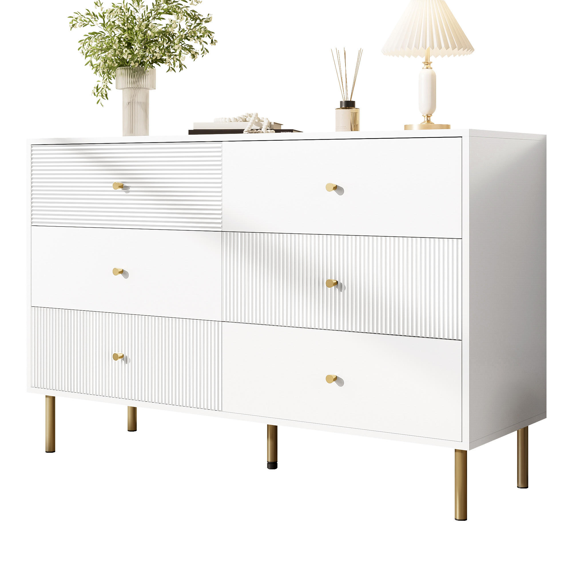 KOMMODE 6 Schubladen Weiß Zinklegierung Stahlbeine 120x40x78 - Weiß, Holzwerkstoff (40/78/120cm) - FLIEKS