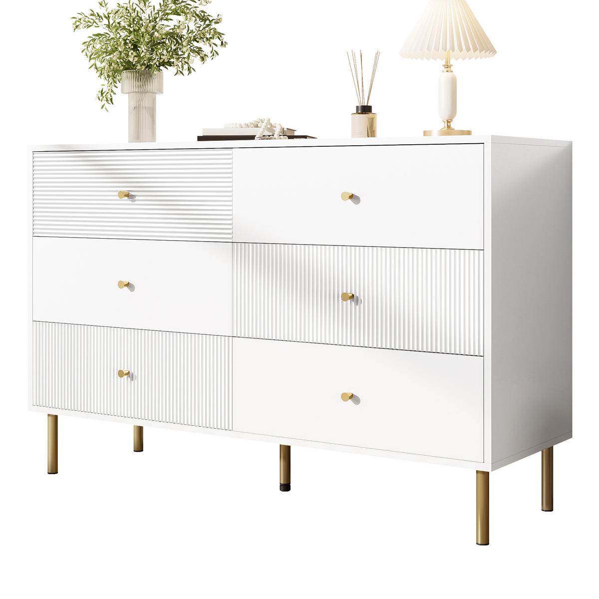 KOMMODE 6 Schubladen Weiß Zinklegierung Stahlbeine 120x40x78 - Weiß, Holzwerkstoff (40/78/120cm) - FLIEKS