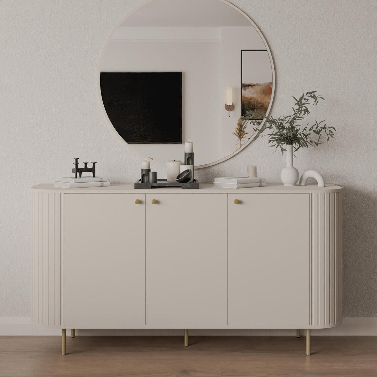 SIDEBOARD Halay Beige, 3 Türen Moderne Rillenstruktur 164,6 cm mit, runden Kanten - Beige/Goldfarben, Holzwerkstoff/Metall (164.6/85.4/42.4cm) - AX Living