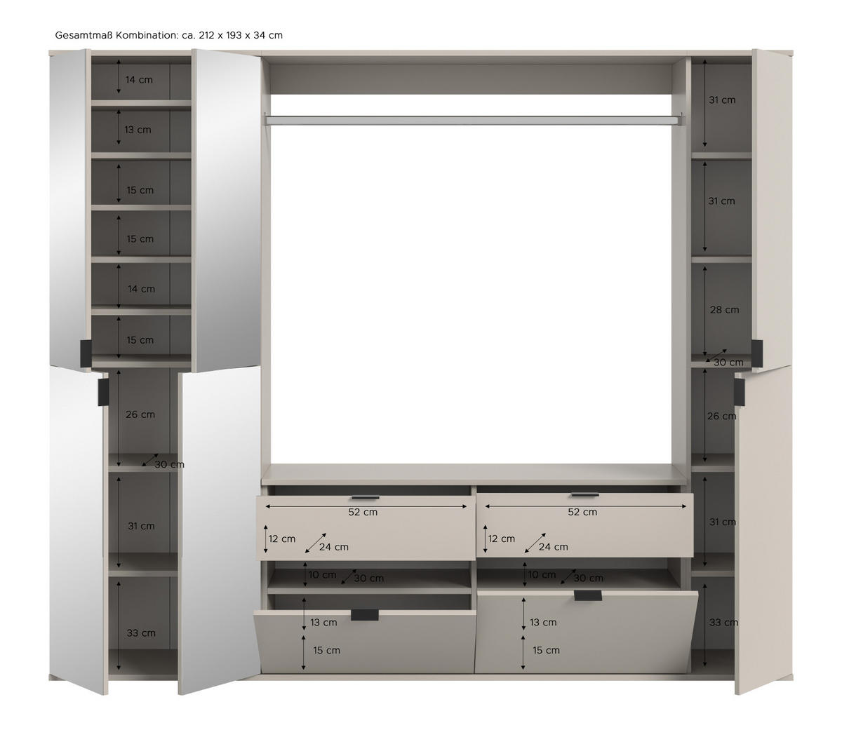 GARDEROBEN-SET Kaschmir 212 x 193 cm, Garderobenschrank mit Spiegel - Kaschmir/Schwarz, Glas/Holzwerkstoff (212/193/34cm) - Inn.Furn