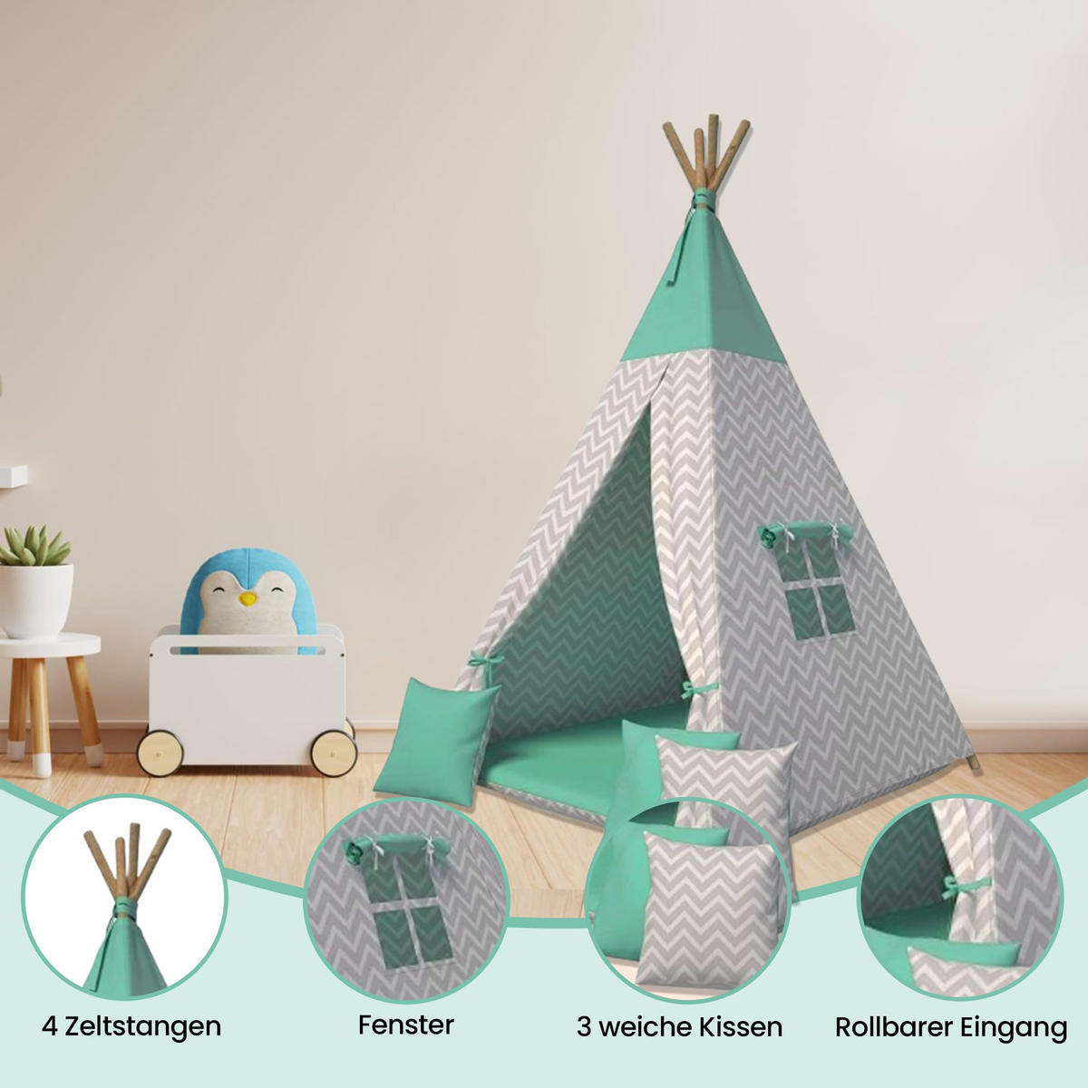 TIPI-ZELT 105 x 105 x 140 cm Zickzack grün mit weichen Kissen | Spielzelt für Kinderzimmer Indoor - Grün, Textil (105/105cm) - Best for Kids