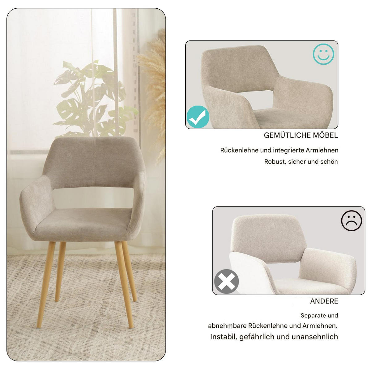 ARMLEHNSTUHL-SET 2 Stück in Eisen Mikrofaser - Beige, Textil/Metall (55/78/53cm) - Meubles Cosy