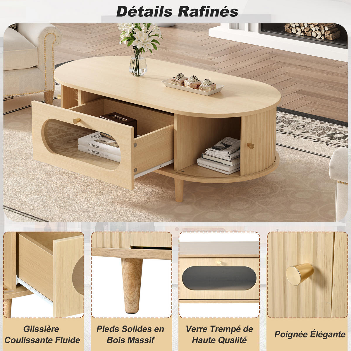 KONFERENČNÍ stolek 100/50/36 cm, dekor dub, MDF, se zásuvkou a roletkami - barva dubu, kompozitní dřevo (100/50/36cm) - BEAOK