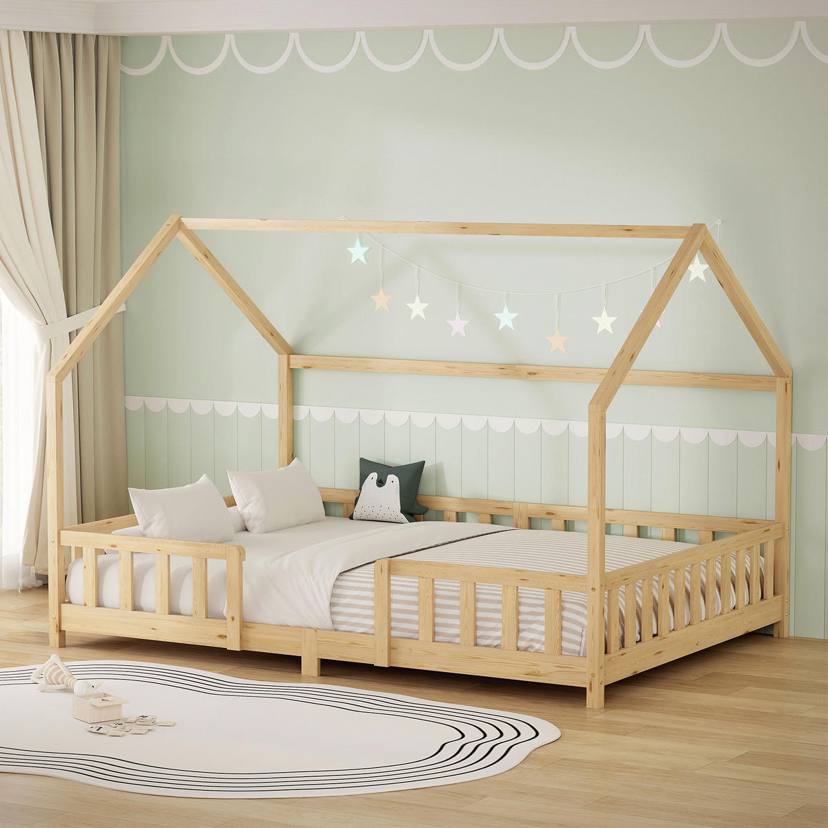 DĚTSKÁ POSTEL 140x200 cm s ochrannou zábranou v přírodním provedení z borového dřeva - přírodní, dřevo (120/200cm) - ML-DESIGN