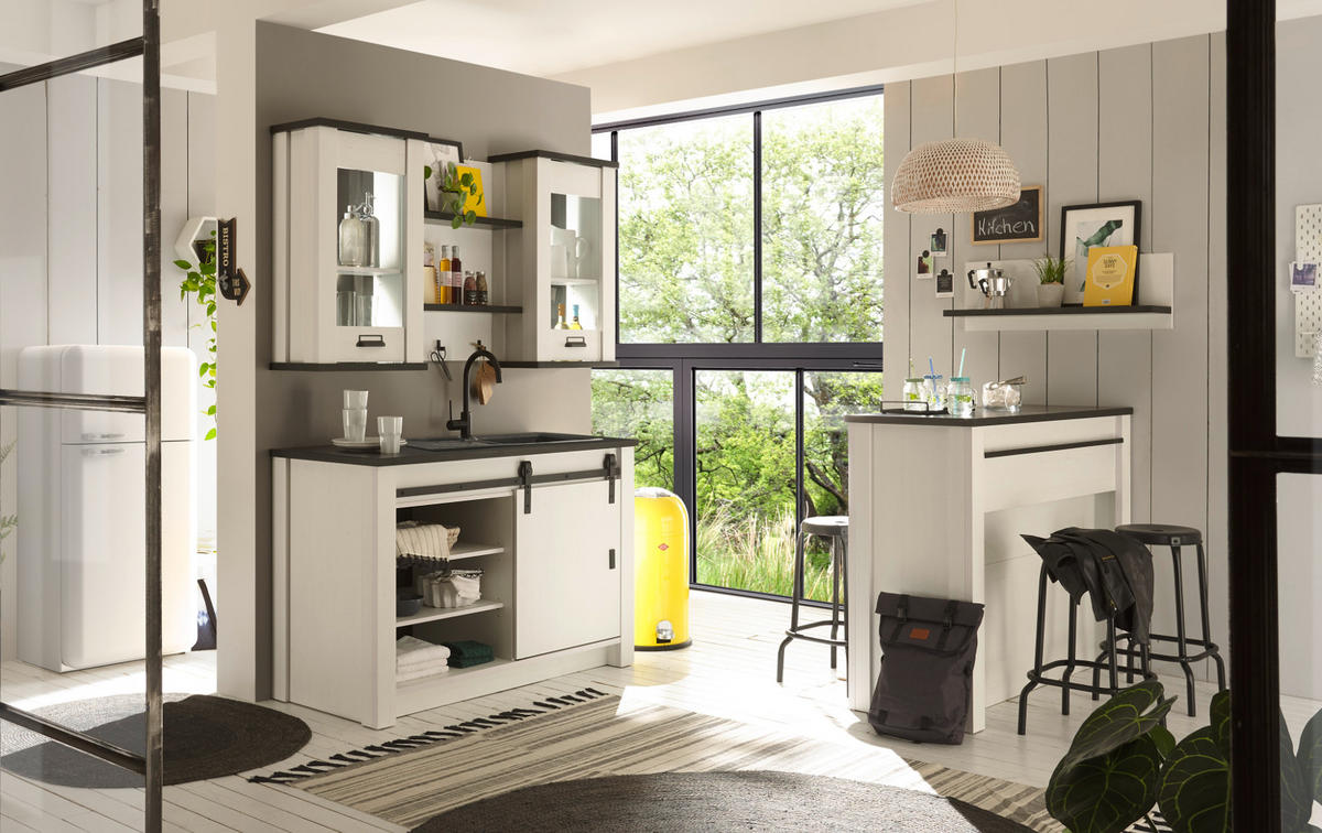 KÜCHEN-SET weiß Pinie, anthrazit Landhaus, Küchenschrank Set 6-teilig mit Theke - Anthrazit/Schwarz, Glas/Holzwerkstoff (133/106/64cm) - Furn.Design