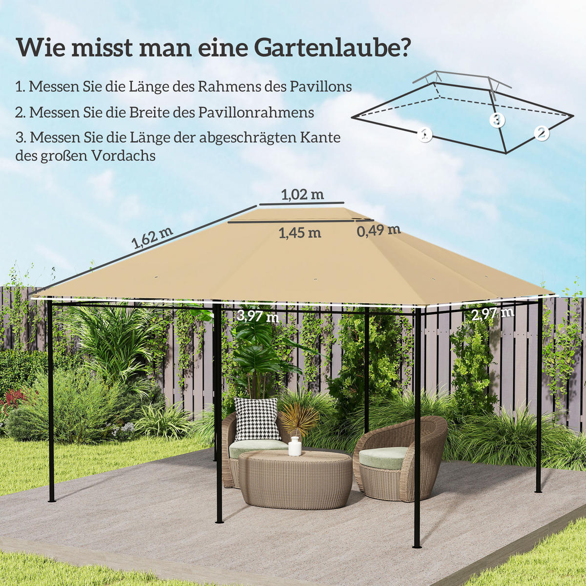ERSATZDACH für Pavillon als wetterbeständiger Baldachin, robustes Abdeckdach 397 x 297 cm in Khaki - Gelb, Textil (397/1/297cm)