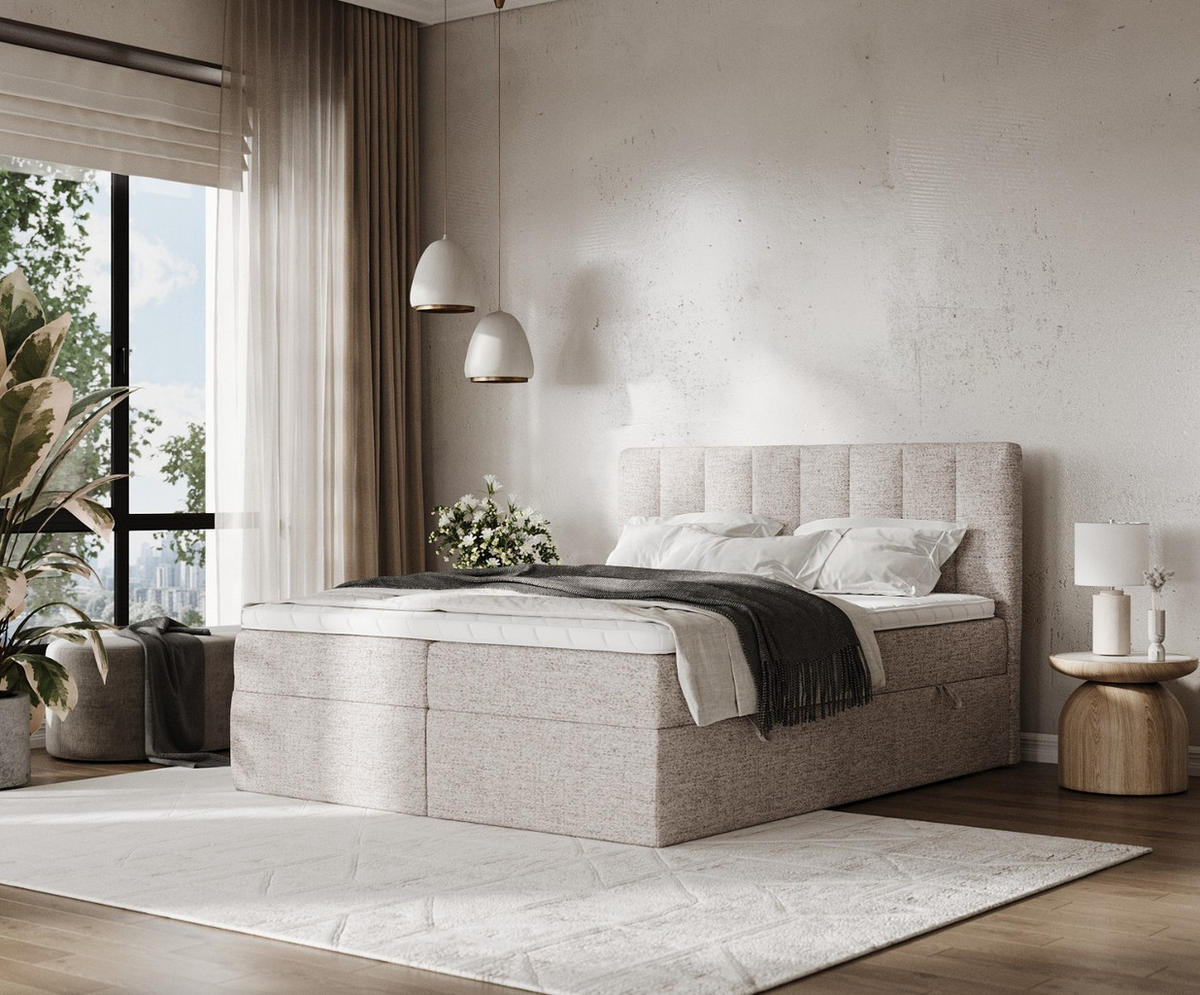 BOXBETT Bari 140/200 cm Beige im Neve Stoff - Beige, Holz/Holzwerkstoff (140/200cm) - AltaBeds
